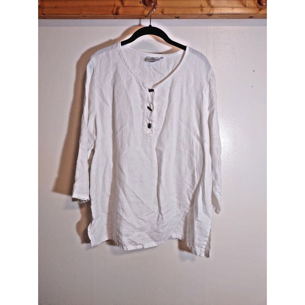 Hot Cotton Women's L White Shirt Linen Henley Vintage Fashion